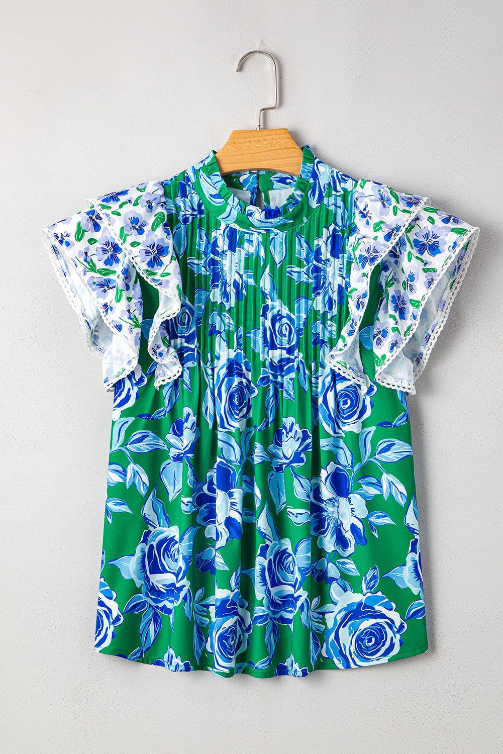 Floral Lace Trim Ruffle Sleeve Pleated Blouse - Rooted & Reckless Co.