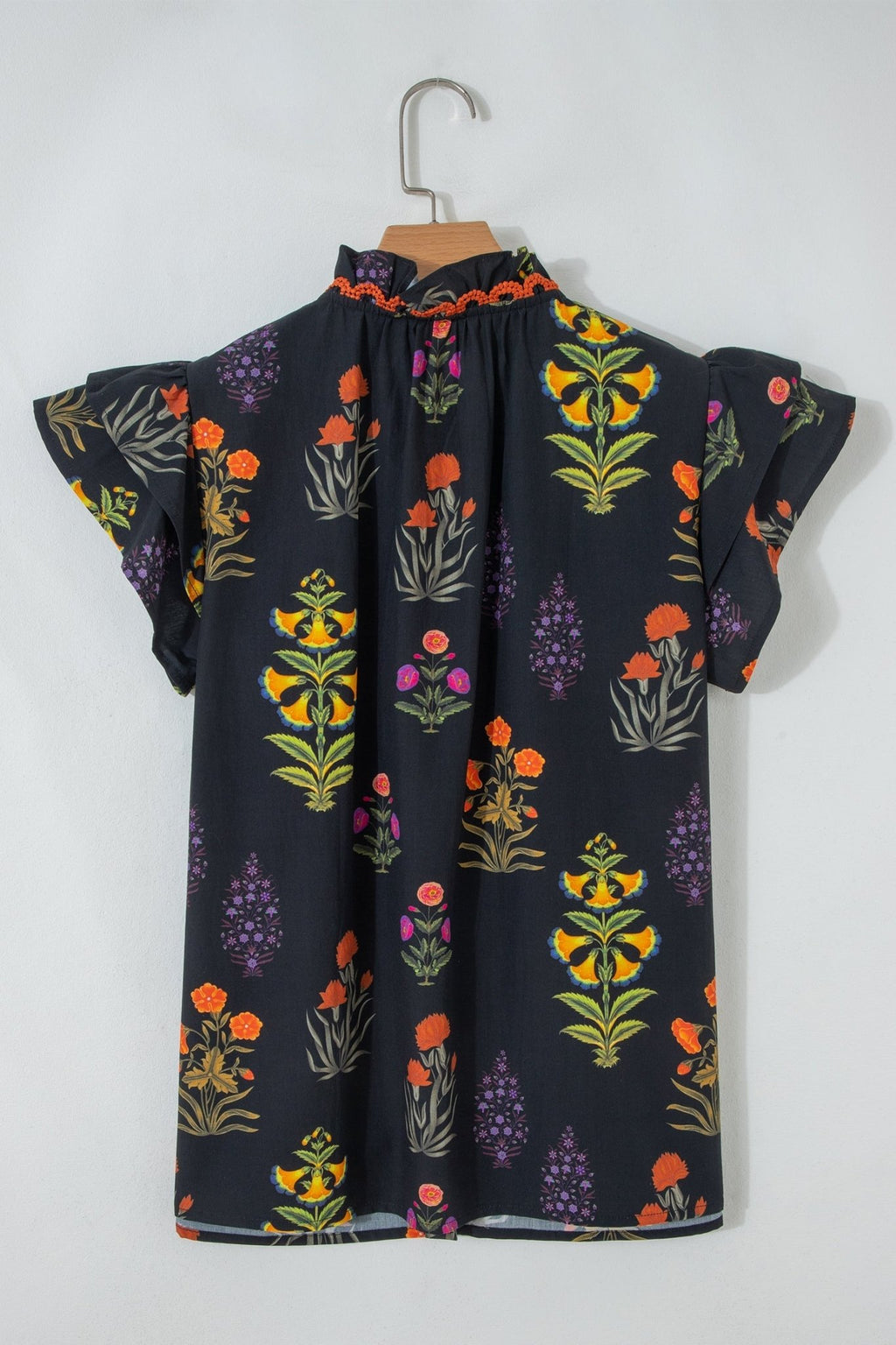 Floral Lace Trim V-Neck Frilled Short Sleeve Shirt - Rooted & Reckless Co.
