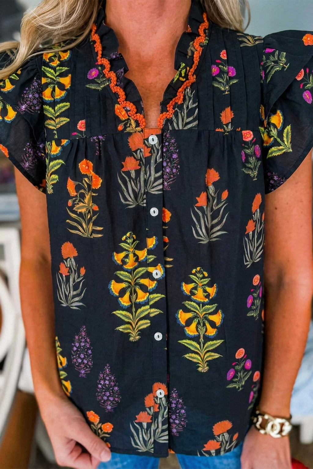 Floral Lace Trim V-Neck Frilled Short Sleeve Shirt - Rooted & Reckless Co.
