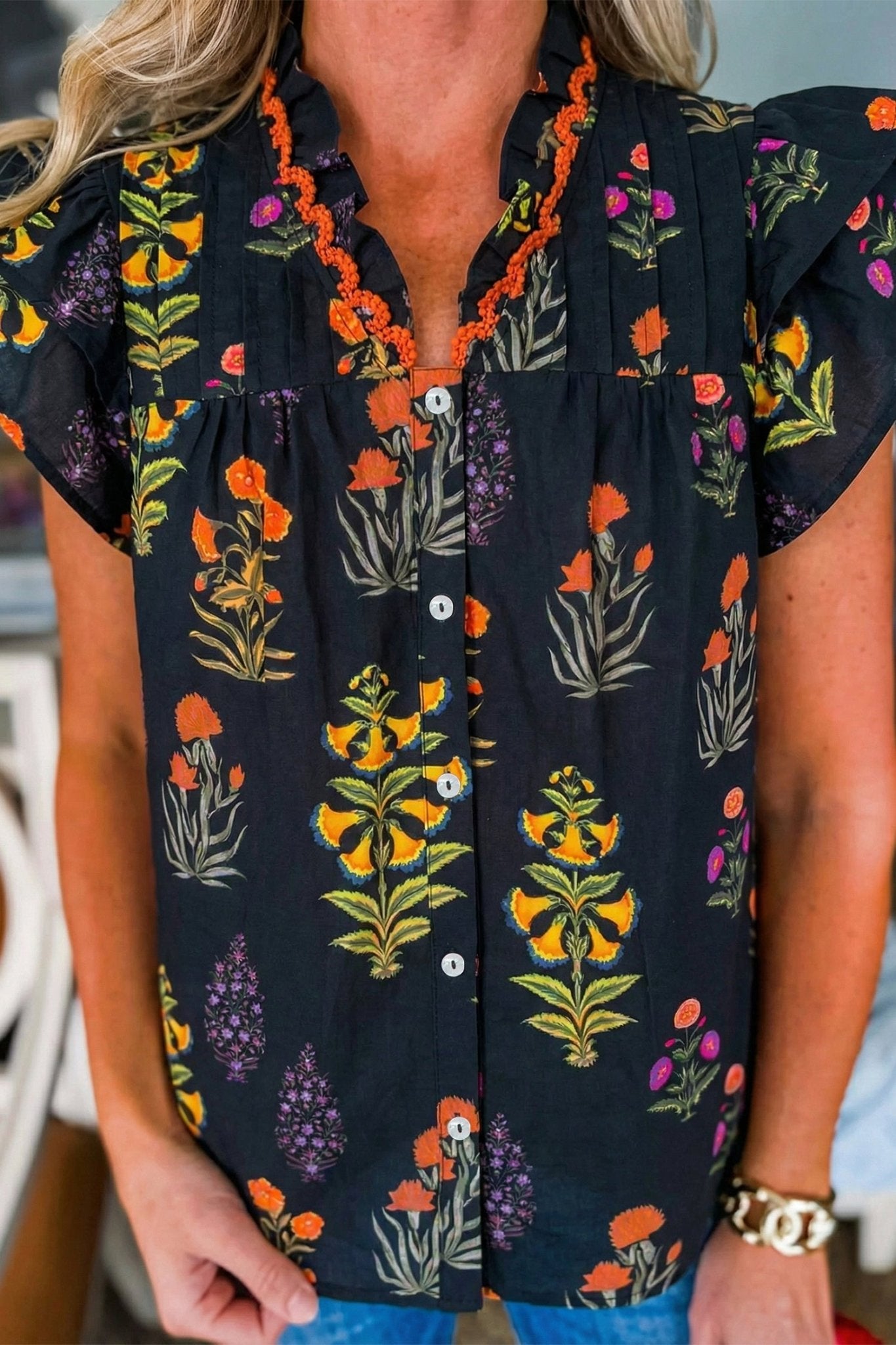 Floral Lace Trim V-Neck Frilled Short Sleeve Shirt - Rooted & Reckless Co.