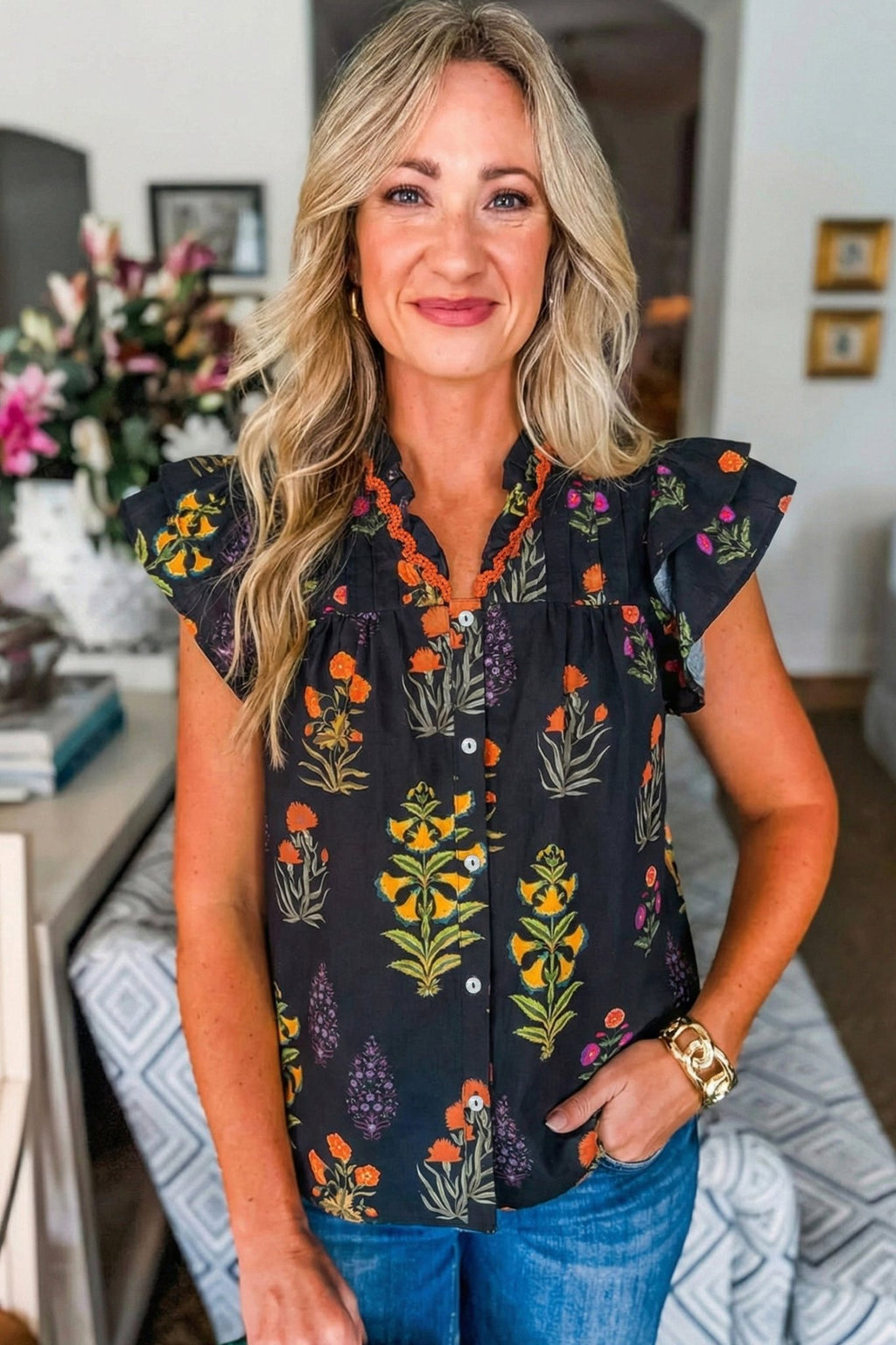 Floral Lace Trim V-Neck Frilled Short Sleeve Shirt - Rooted & Reckless Co.