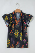 Floral Lace Trim V-Neck Frilled Short Sleeve Shirt - Rooted & Reckless Co.