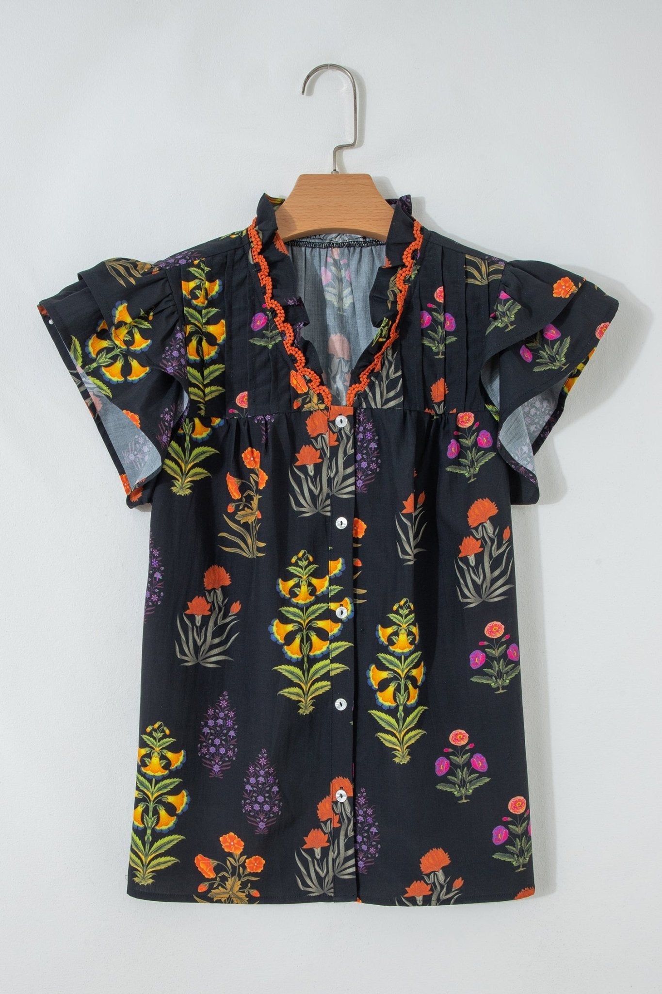 Floral Lace Trim V-Neck Frilled Short Sleeve Shirt - Rooted & Reckless Co.