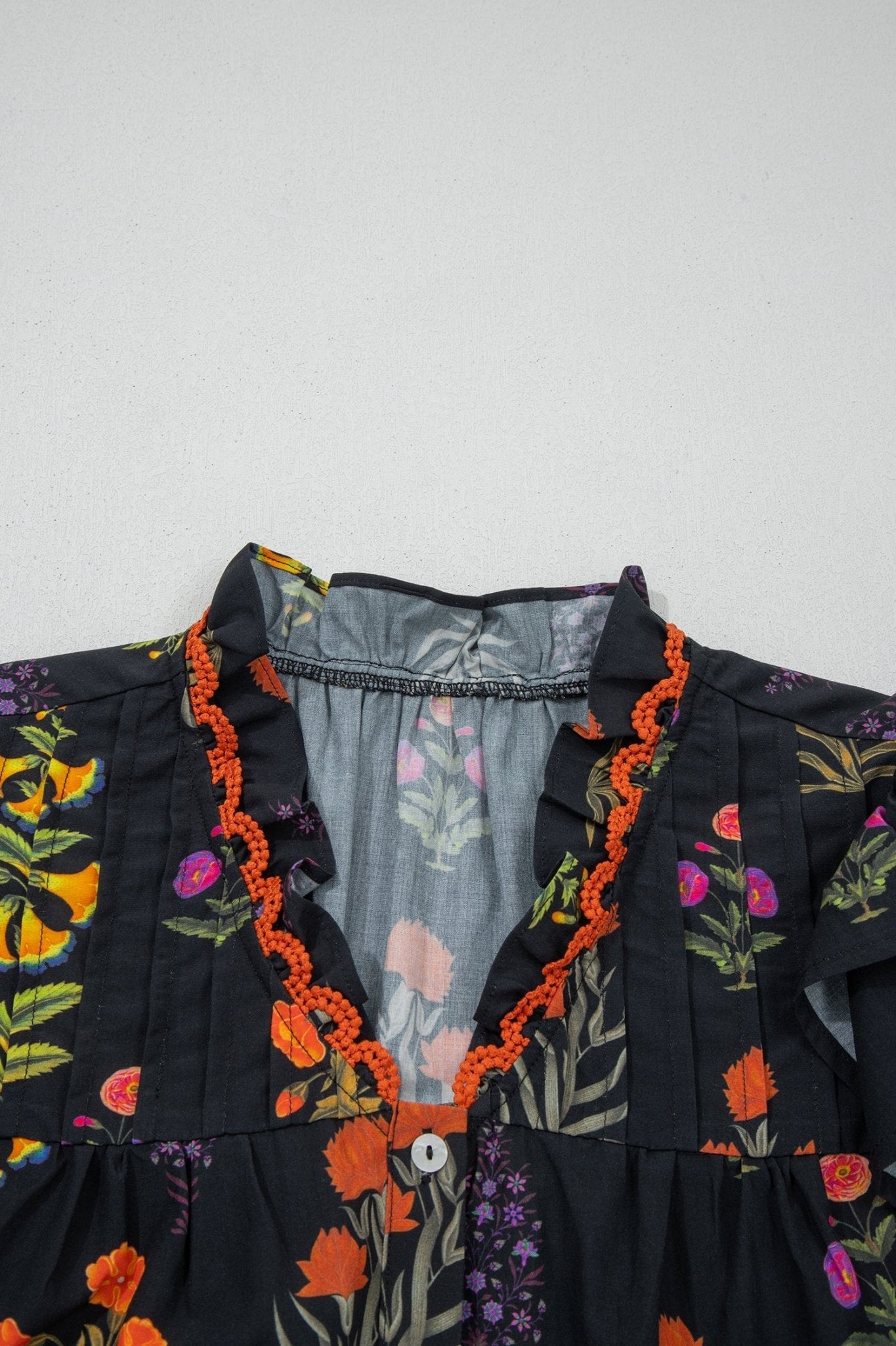 Floral Lace Trim V-Neck Frilled Short Sleeve Shirt - Rooted & Reckless Co.