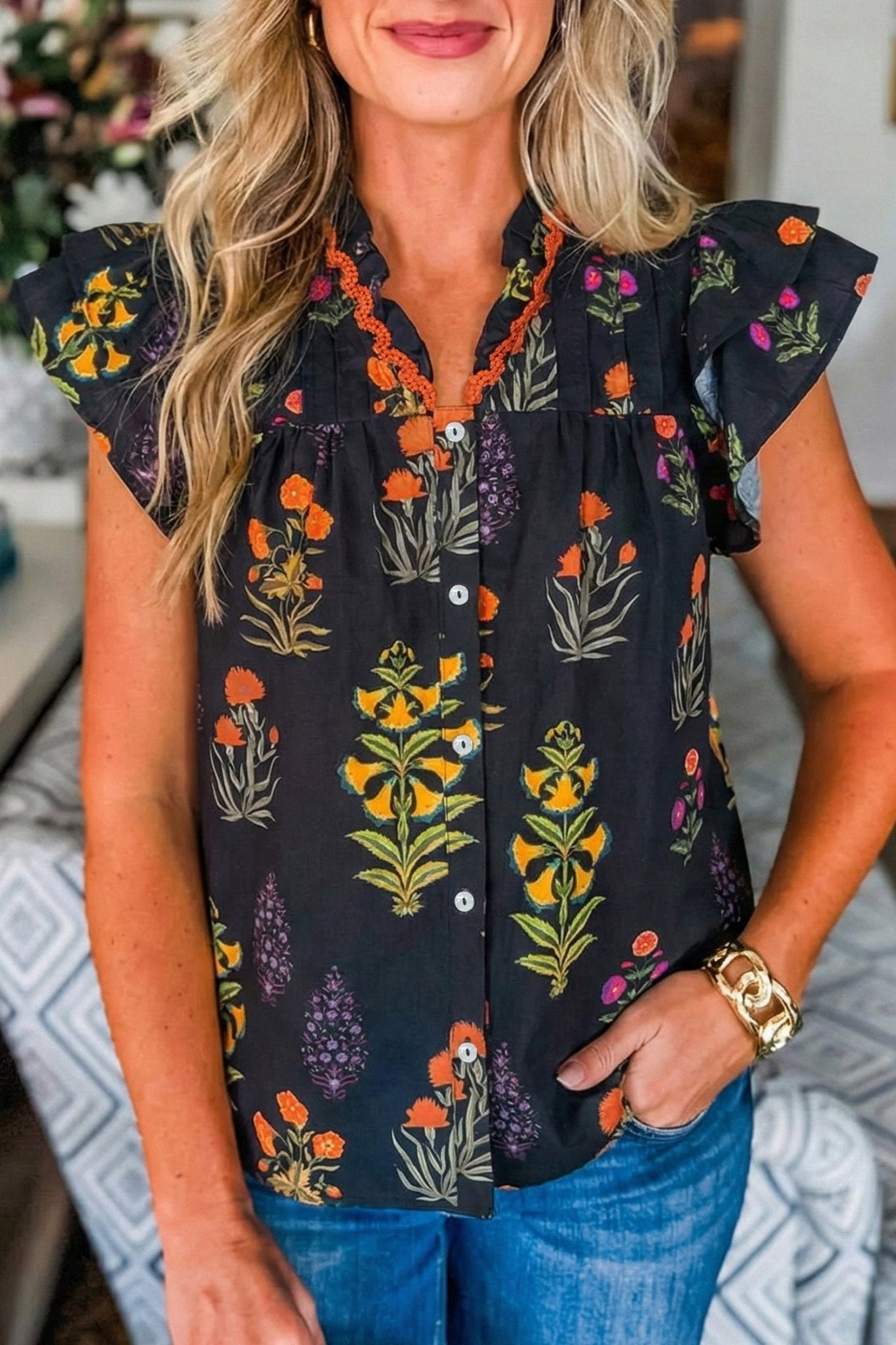 Floral Lace Trim V-Neck Frilled Short Sleeve Shirt - Rooted & Reckless Co.