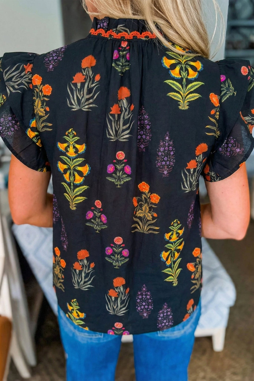 Floral Lace Trim V-Neck Frilled Short Sleeve Shirt - Rooted & Reckless Co.