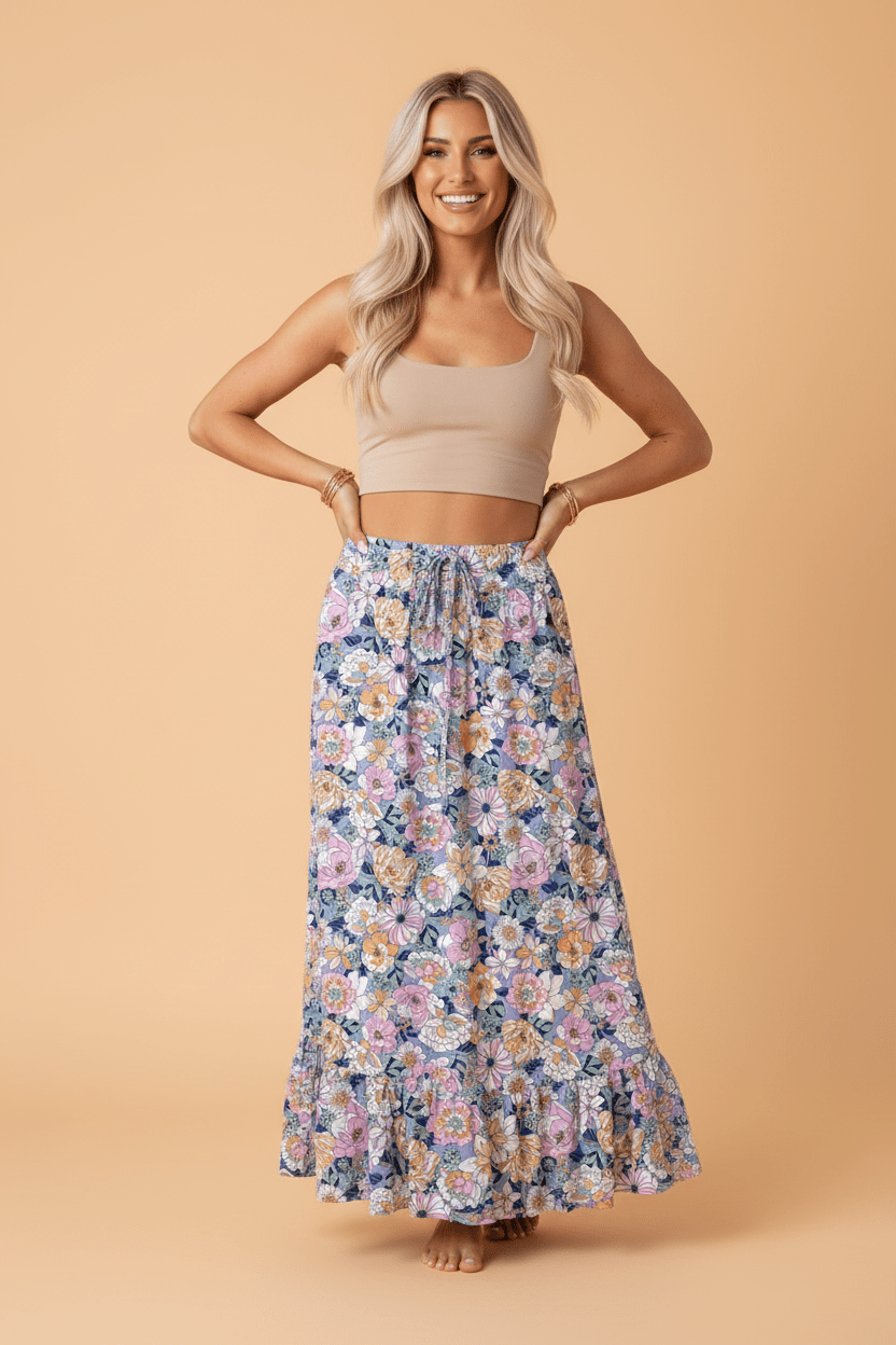 Floral Lace Up High Waist Ruffle Maxi Skirt - Rooted & Reckless Co.