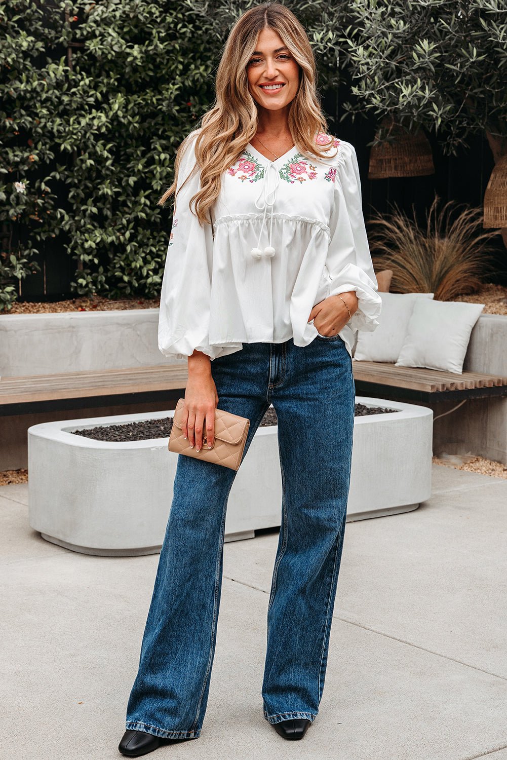 Floral Lace-Up V-Neck Babydoll Blouse - Rooted & Reckless Co.