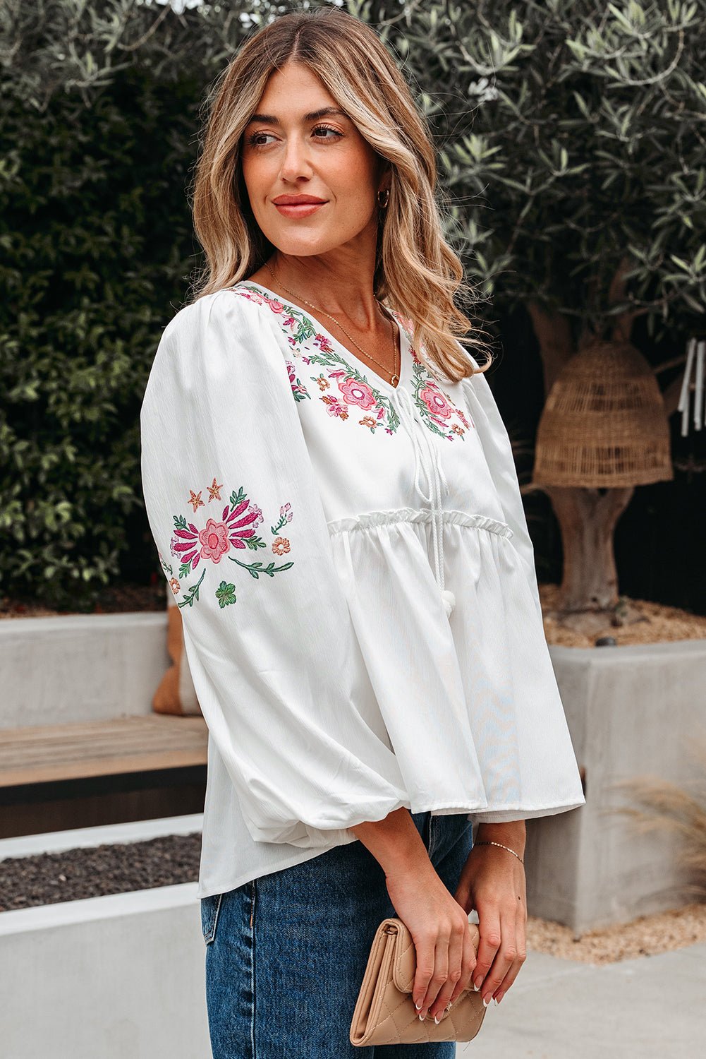 Floral Lace-Up V-Neck Babydoll Blouse - Rooted & Reckless Co.