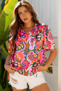 Floral Lace Up V-Neck Short Sleeve Blouse - Rooted & Reckless Co.