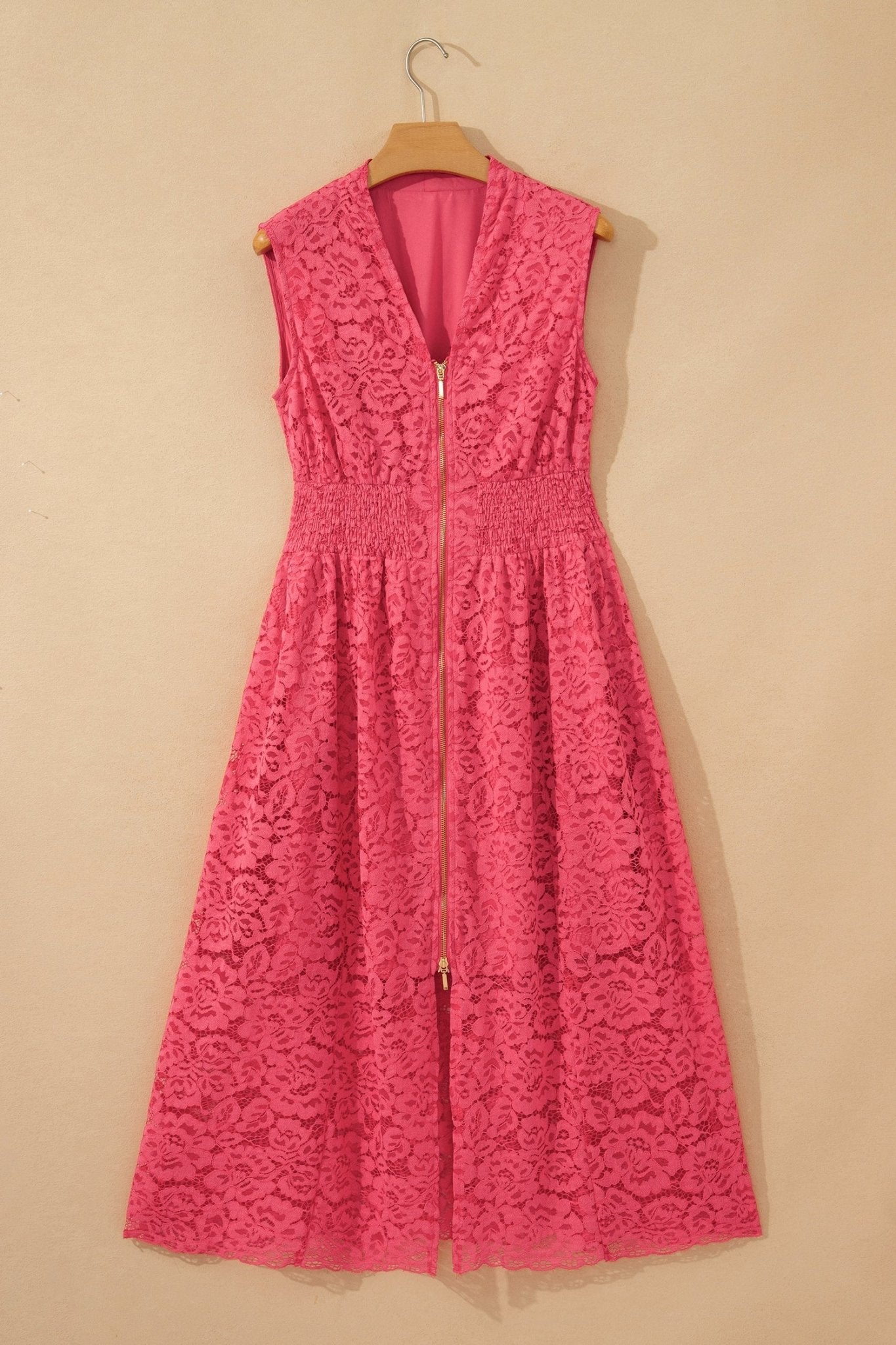 Floral Lace Zip Up V-Neck Smocked Waist Sleeveless Dress - Rooted & Reckless Co.