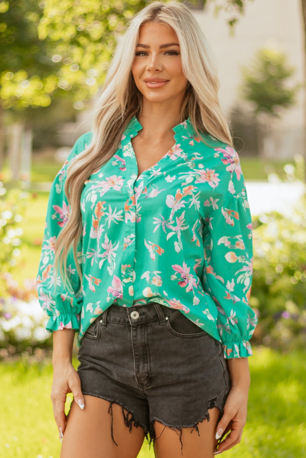 Floral Lantern Sleeve Buttoned Shirt - Rooted & Reckless Co.