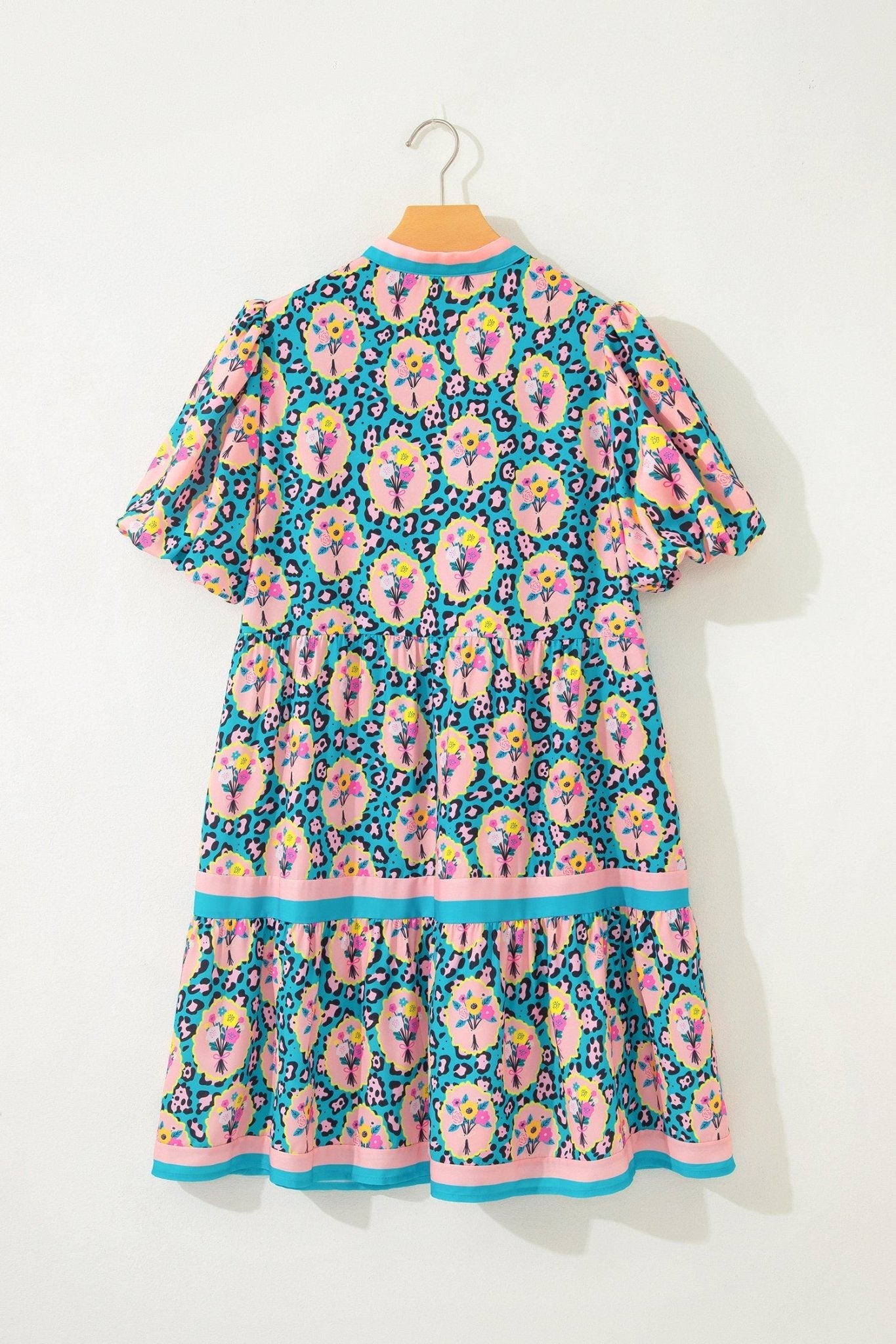 Floral Leopard Contrast Stripe Puff Sleeve Dress - Rooted & Reckless Co.