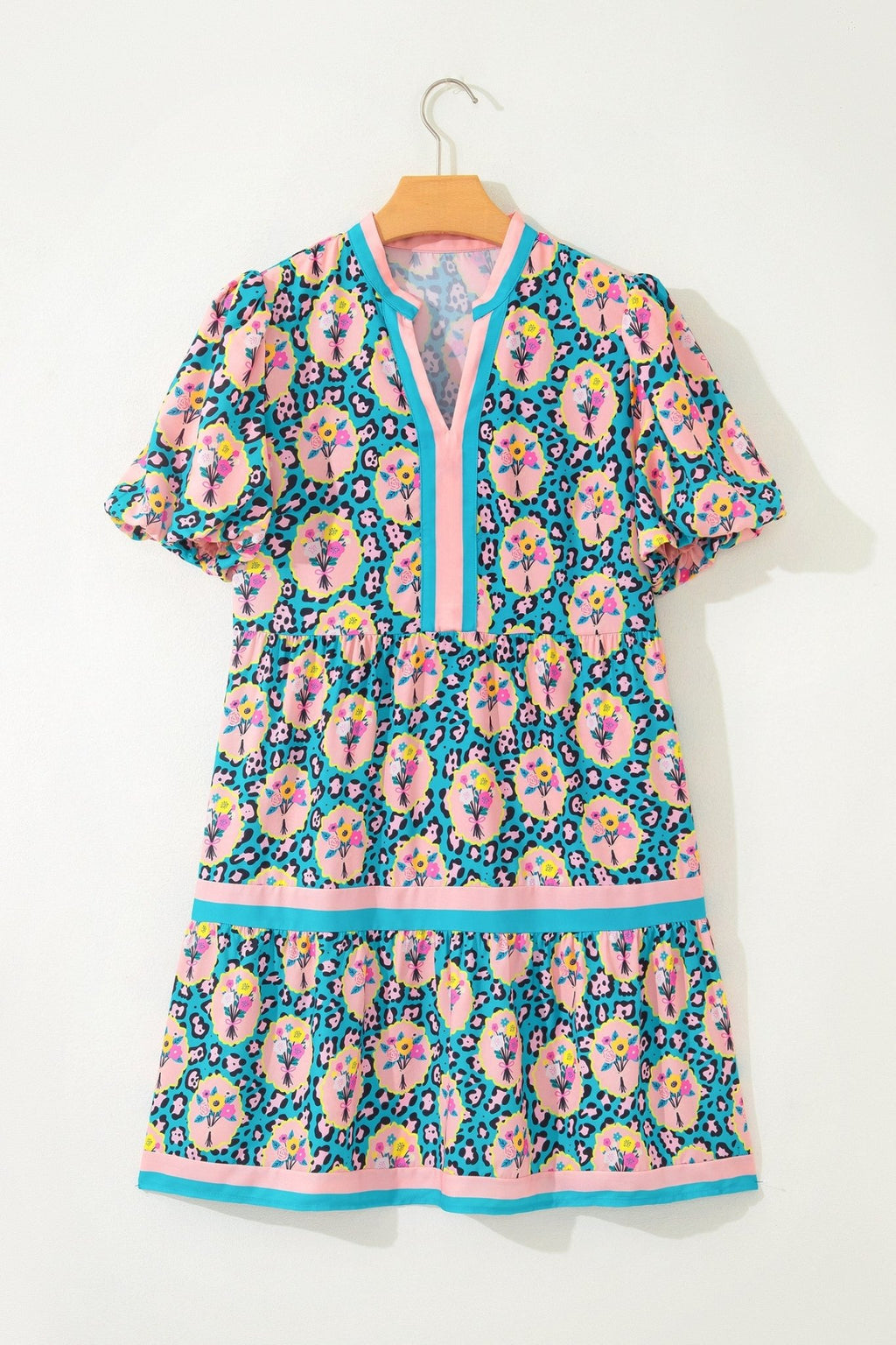 Floral Leopard Contrast Stripe Puff Sleeve Dress - Rooted & Reckless Co.