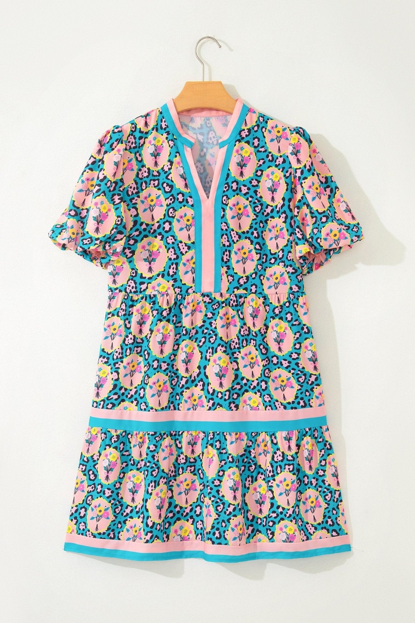 Floral Leopard Contrast Stripe Puff Sleeve Dress - Rooted & Reckless Co.