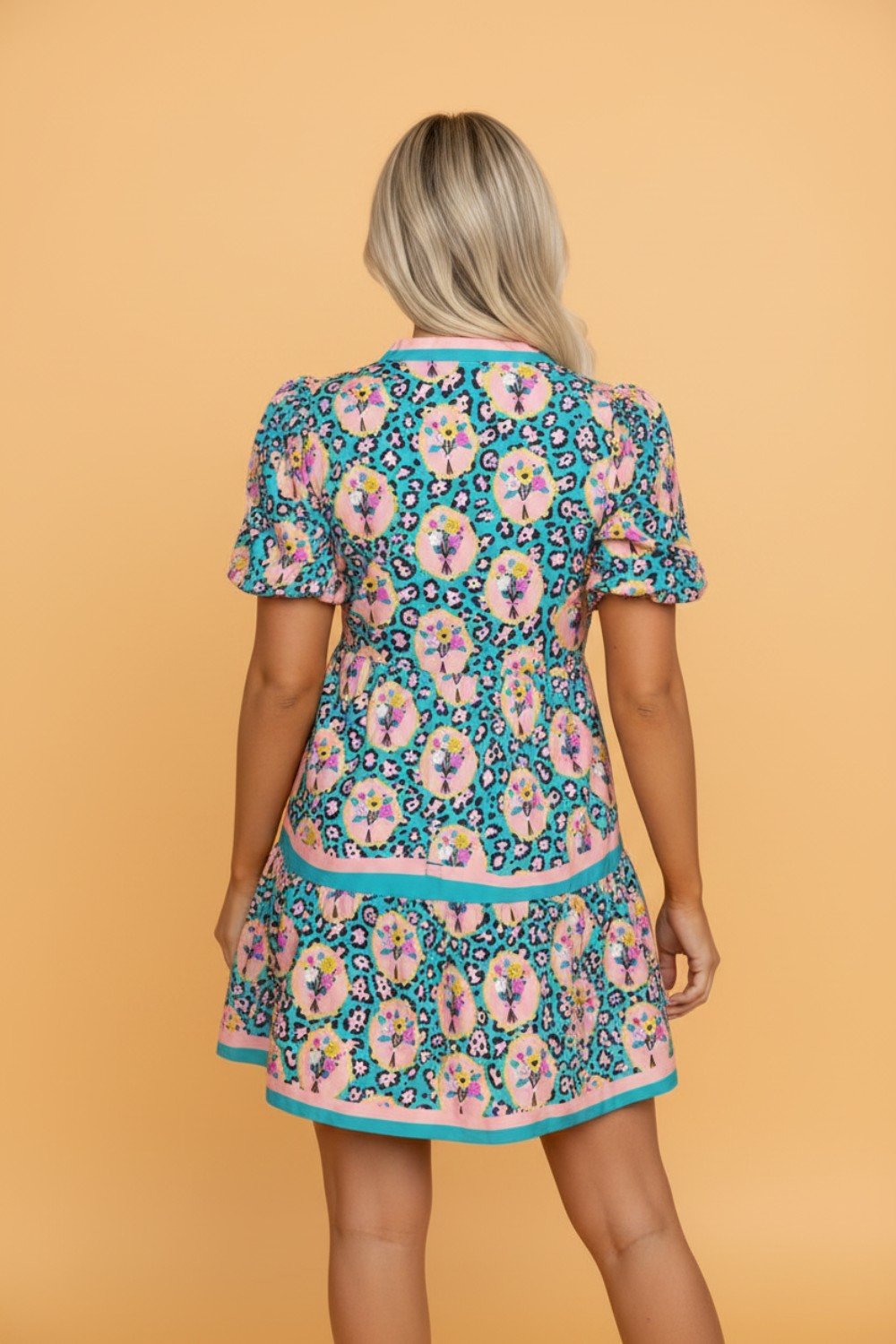 Floral Leopard Contrast Stripe Puff Sleeve Dress - Rooted & Reckless Co.