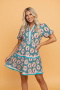 Floral Leopard Contrast Stripe Puff Sleeve Dress - Rooted & Reckless Co.