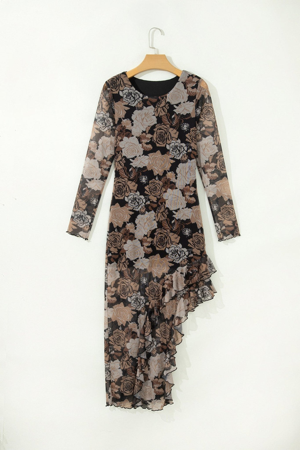Floral Long Sleeve Asymmetric Ruffle Split Hem Mesh Dress - Rooted & Reckless Co.