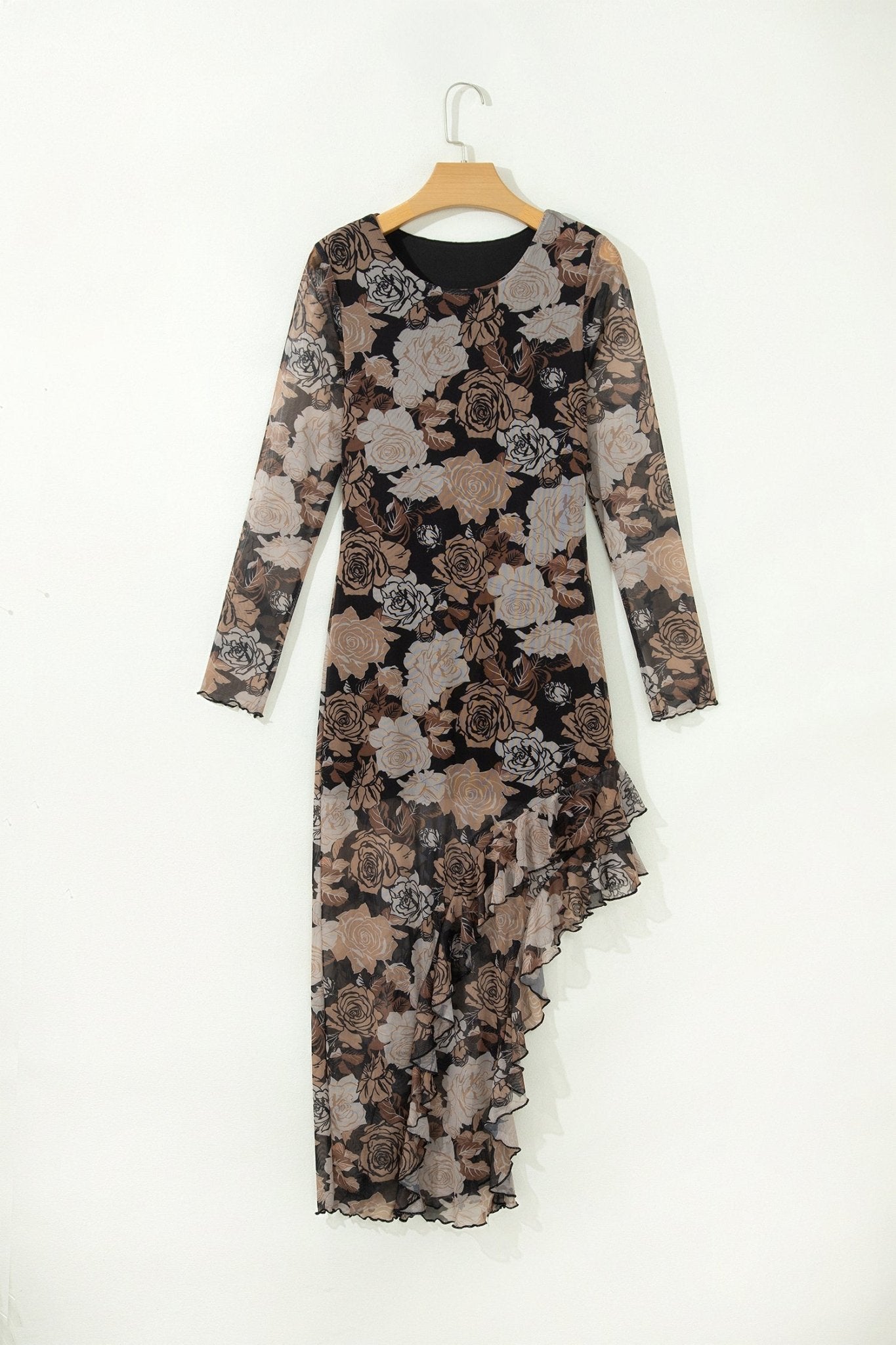 Floral Long Sleeve Asymmetric Ruffle Split Hem Mesh Dress - Rooted & Reckless Co.