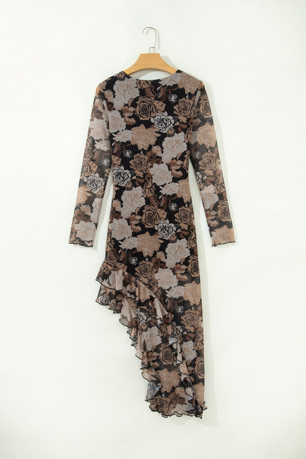Floral Long Sleeve Asymmetric Ruffle Split Hem Mesh Dress - Rooted & Reckless Co.