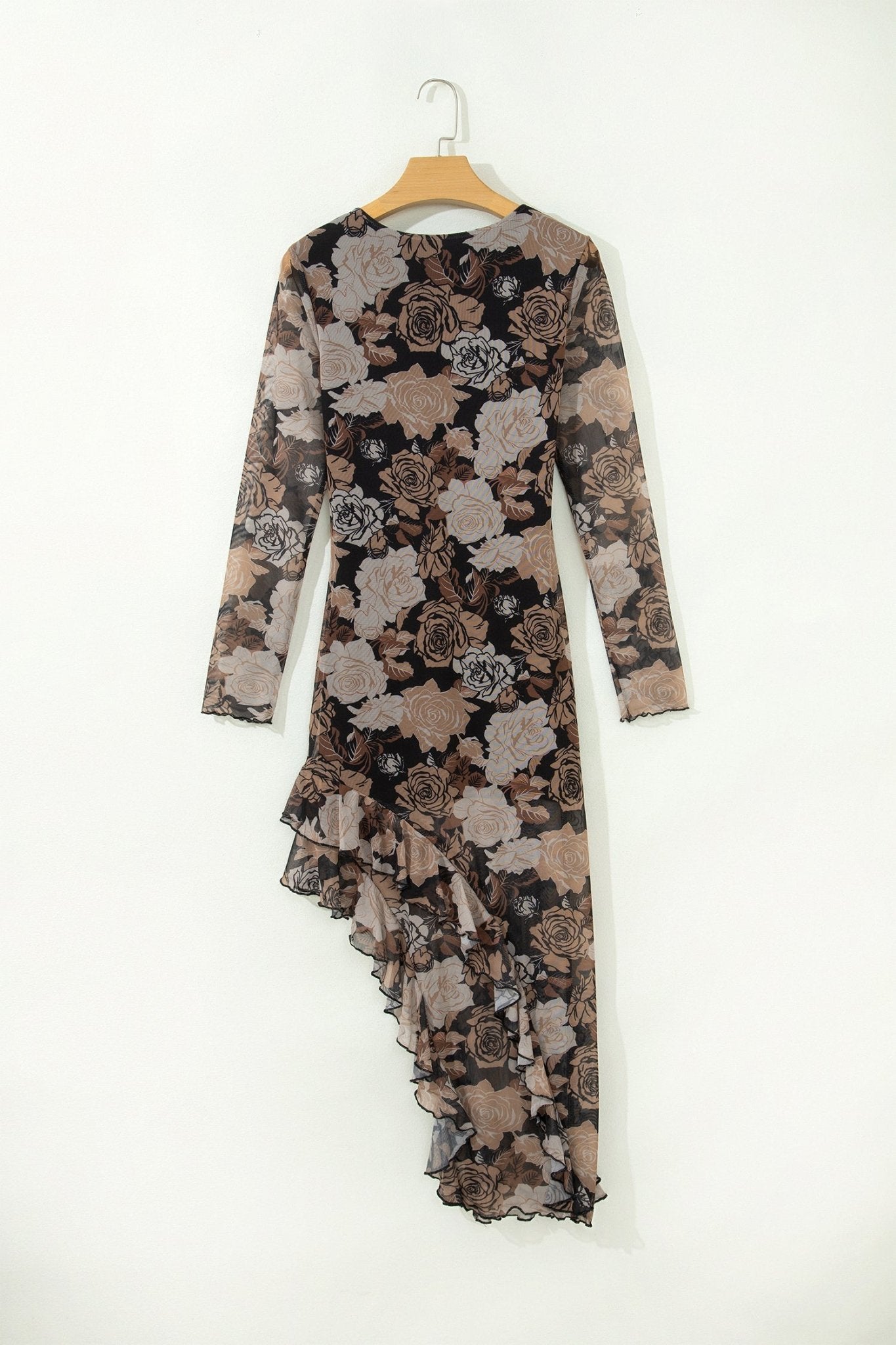 Floral Long Sleeve Asymmetric Ruffle Split Hem Mesh Dress - Rooted & Reckless Co.