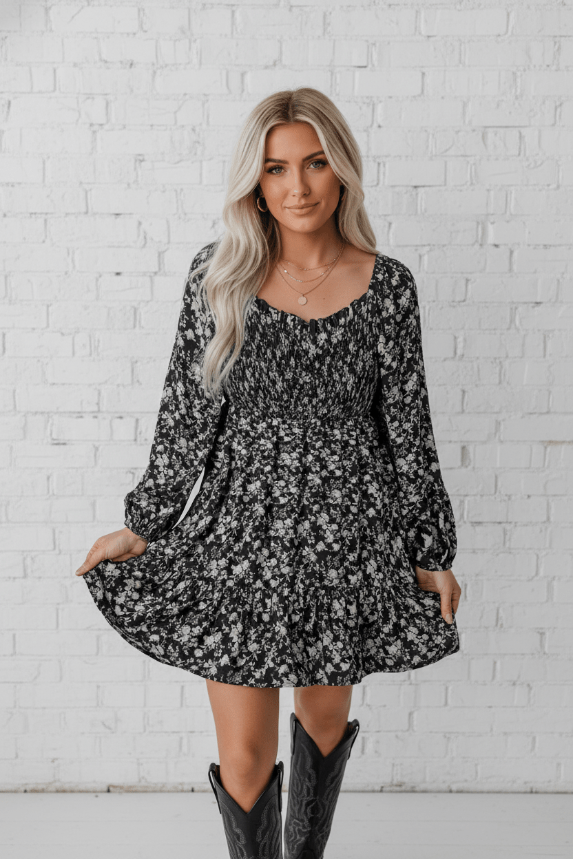 Floral Long Sleeve Frill Square Neck Dress - Rooted & Reckless Co.