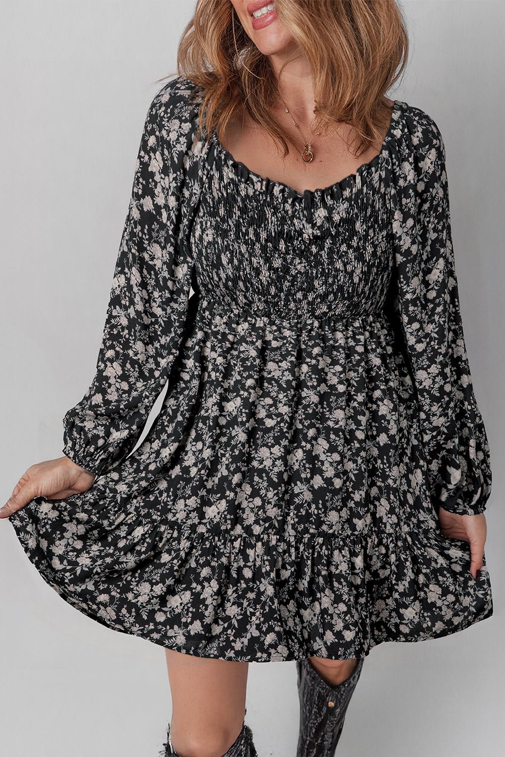 Floral Long Sleeve Frill Square Neck Dress - Rooted & Reckless Co.