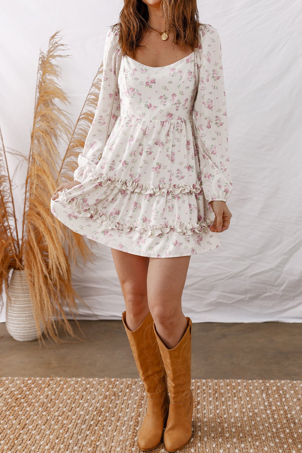 Floral Long Sleeve Ruffle Flared Mini Dress - Rooted & Reckless Co.