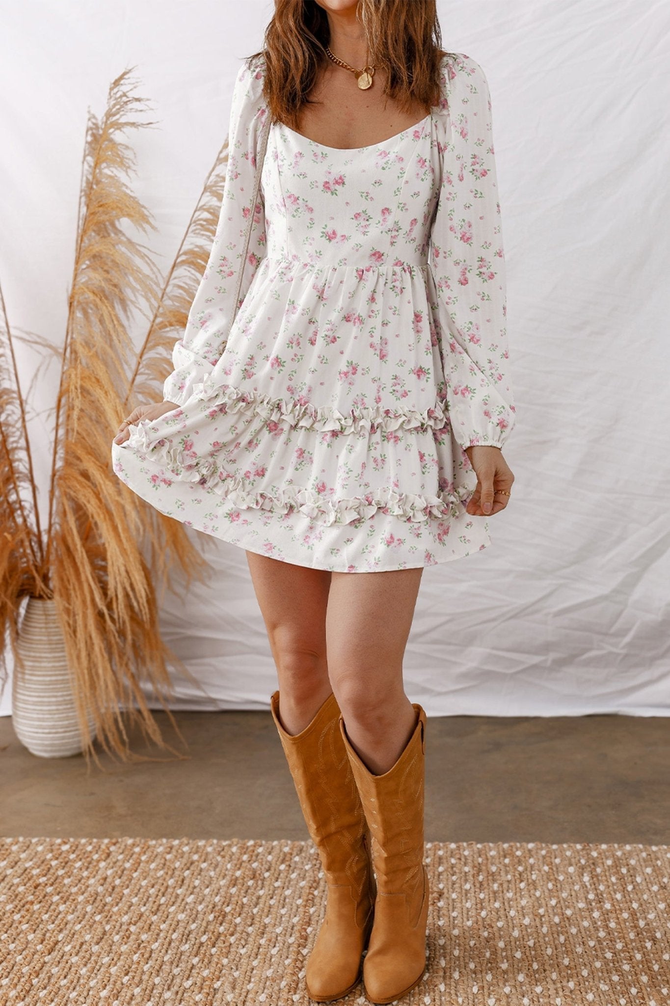 Floral Long Sleeve Ruffle Flared Mini Dress - Rooted & Reckless Co.