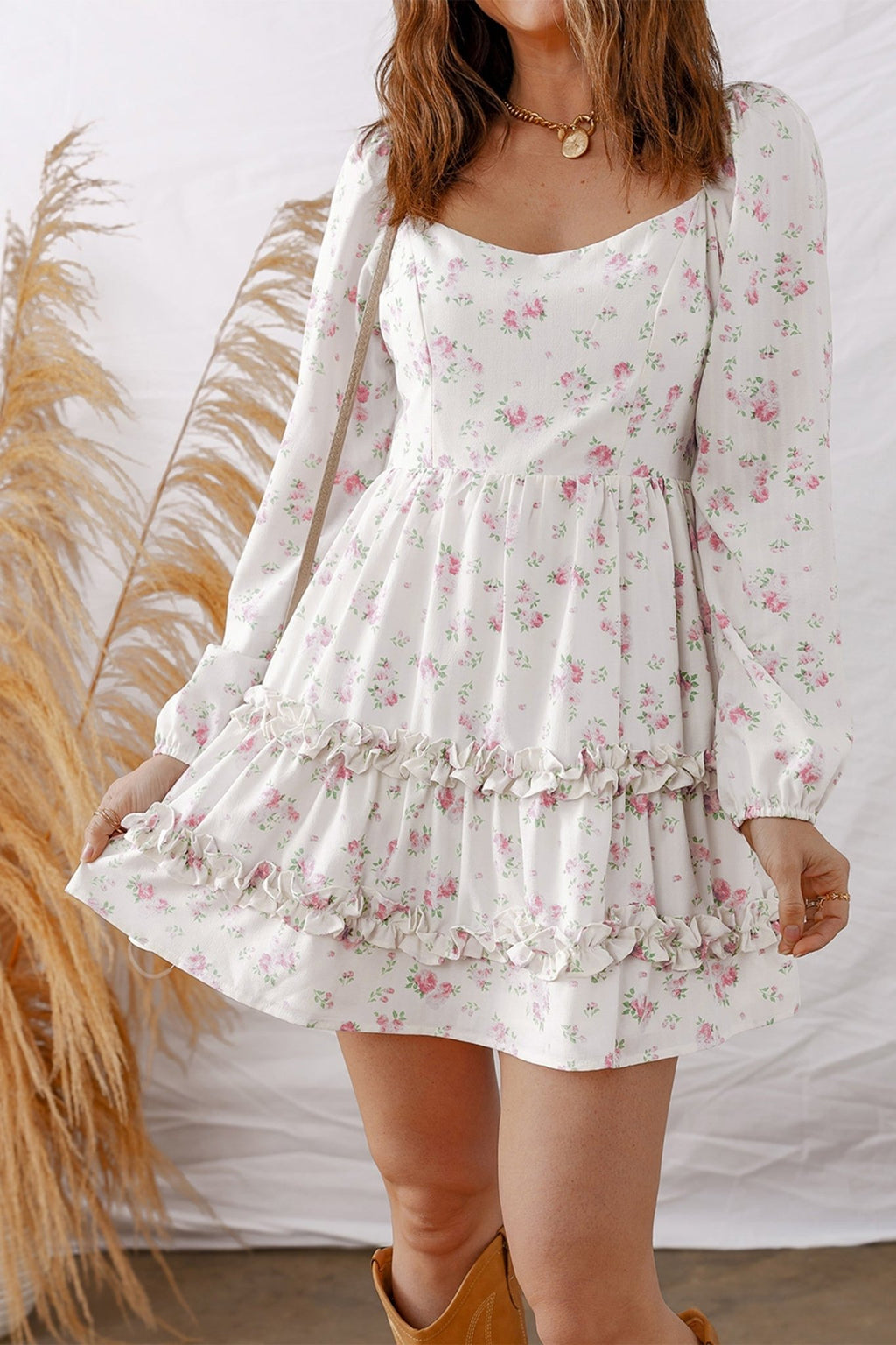 Floral Long Sleeve Ruffle Flared Mini Dress - Rooted & Reckless Co.