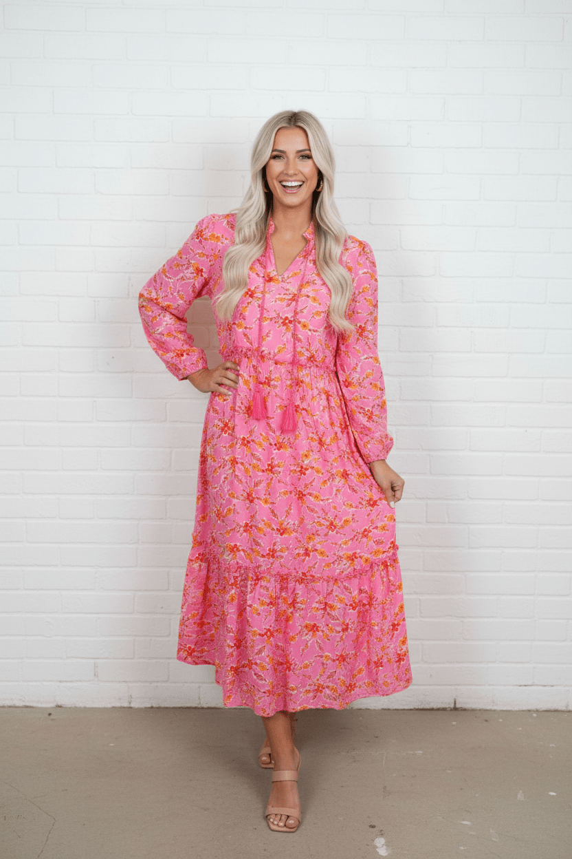 Floral Long Sleeve Tassel Tie V-Neck Maxi Dress - Rooted & Reckless Co.