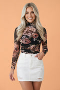 Floral Mesh Long Sleeve High Neck Bodysuit - Rooted & Reckless Co.