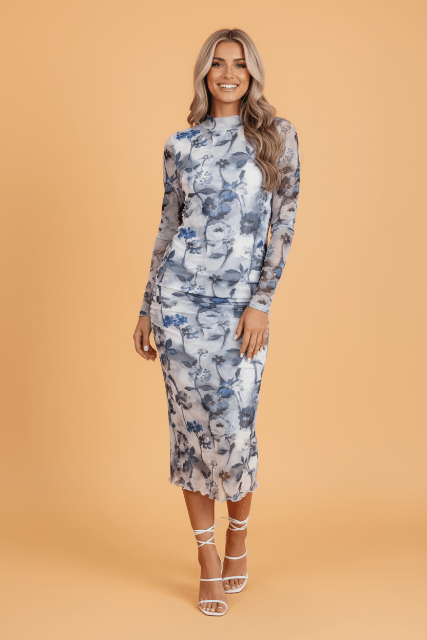 Floral Mesh Long Sleeve Midi Dress - Rooted & Reckless Co.