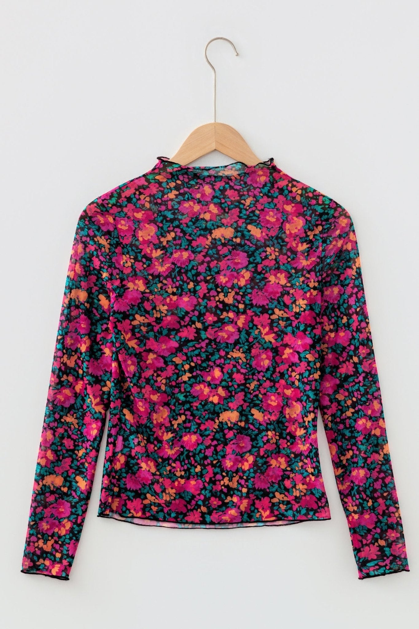 Floral Mesh Long Sleeve Mock Neck Top - Rooted & Reckless Co.