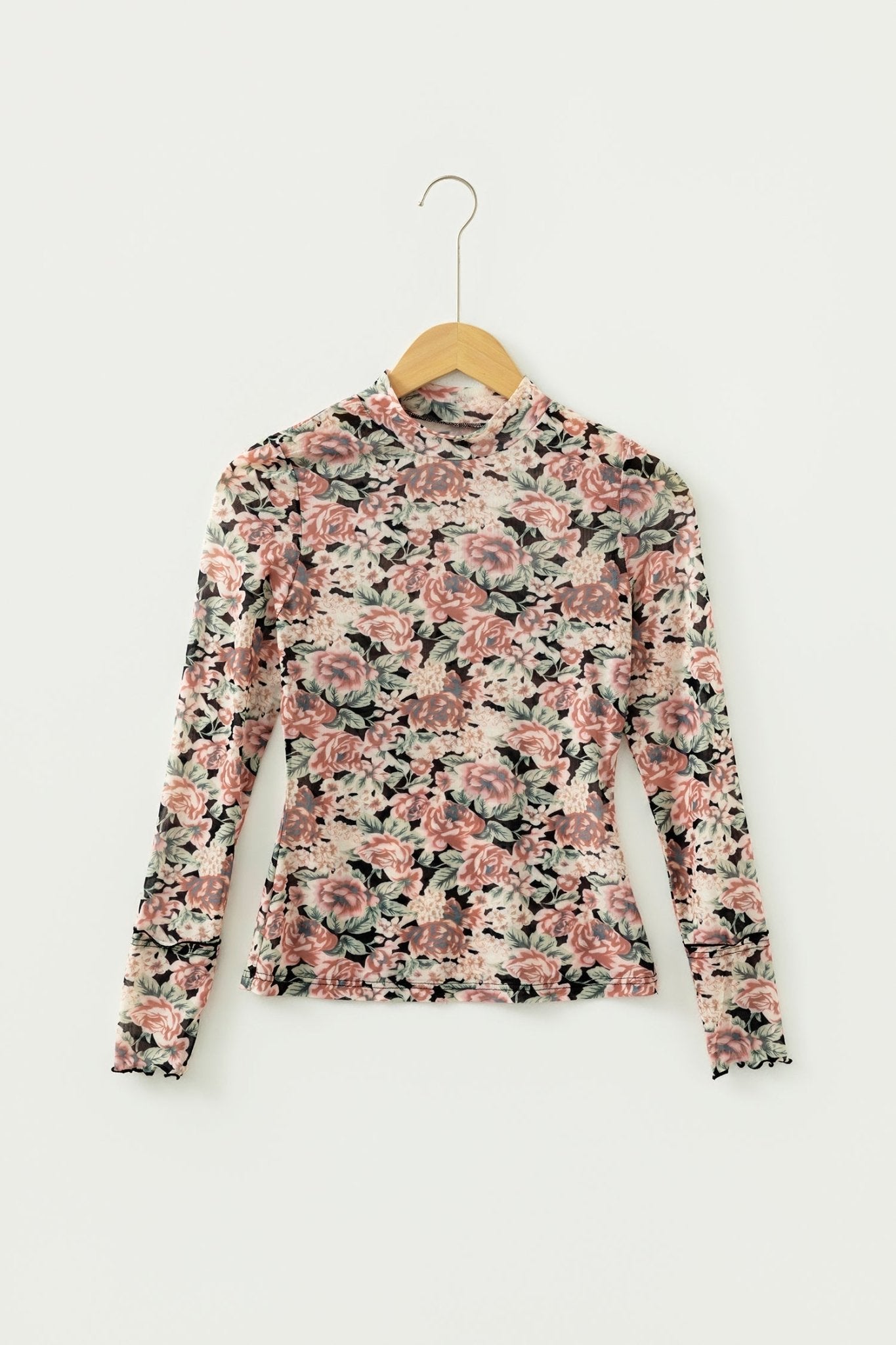 Floral Mesh Mock Neck Long Sleeve Top - Rooted & Reckless Co.