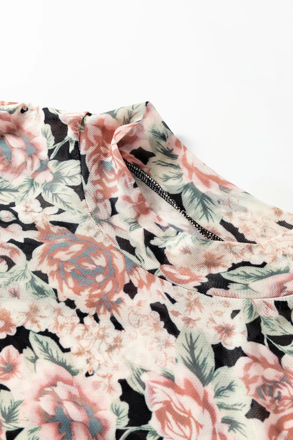 Floral Mesh Mock Neck Long Sleeve Top - Rooted & Reckless Co.