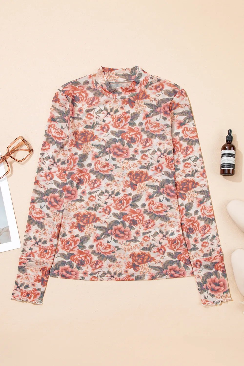 Floral Mesh Mock Neck Long Sleeve Top - Rooted & Reckless Co.