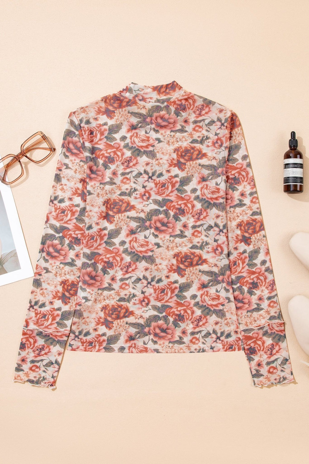 Floral Mesh Mock Neck Long Sleeve Top - Rooted & Reckless Co.