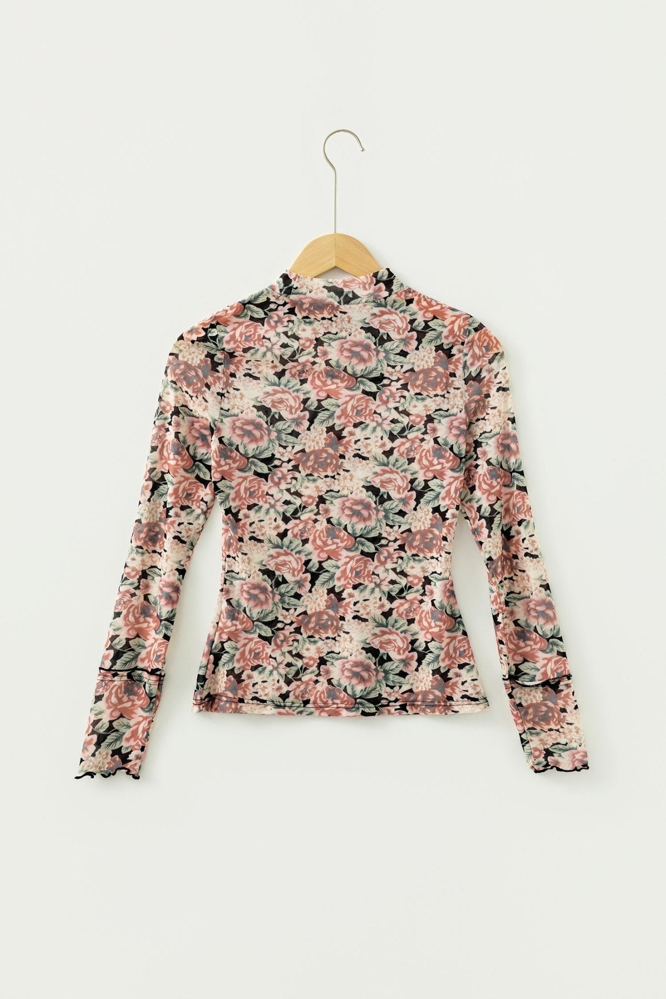 Floral Mesh Mock Neck Long Sleeve Top - Rooted & Reckless Co.
