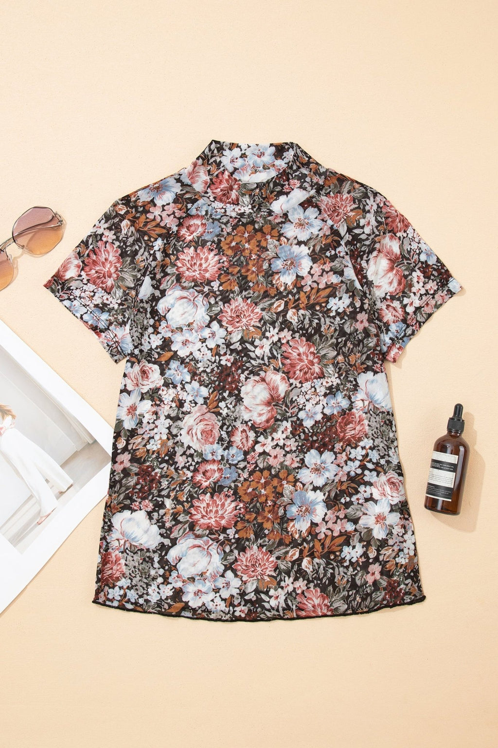 Floral Mesh Mock Neck Short Sleeve Top - Rooted & Reckless Co.