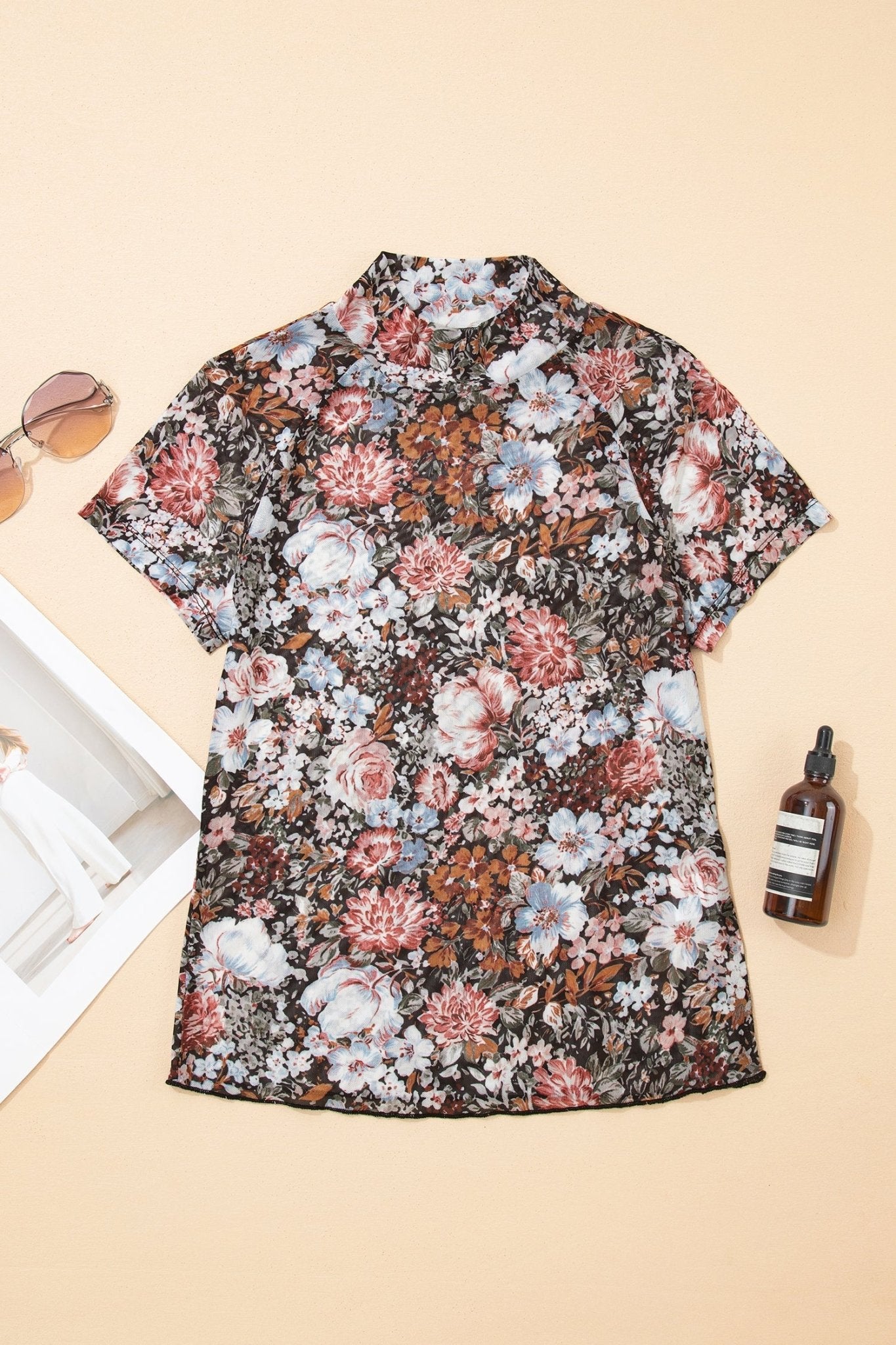 Floral Mesh Mock Neck Short Sleeve Top - Rooted & Reckless Co.