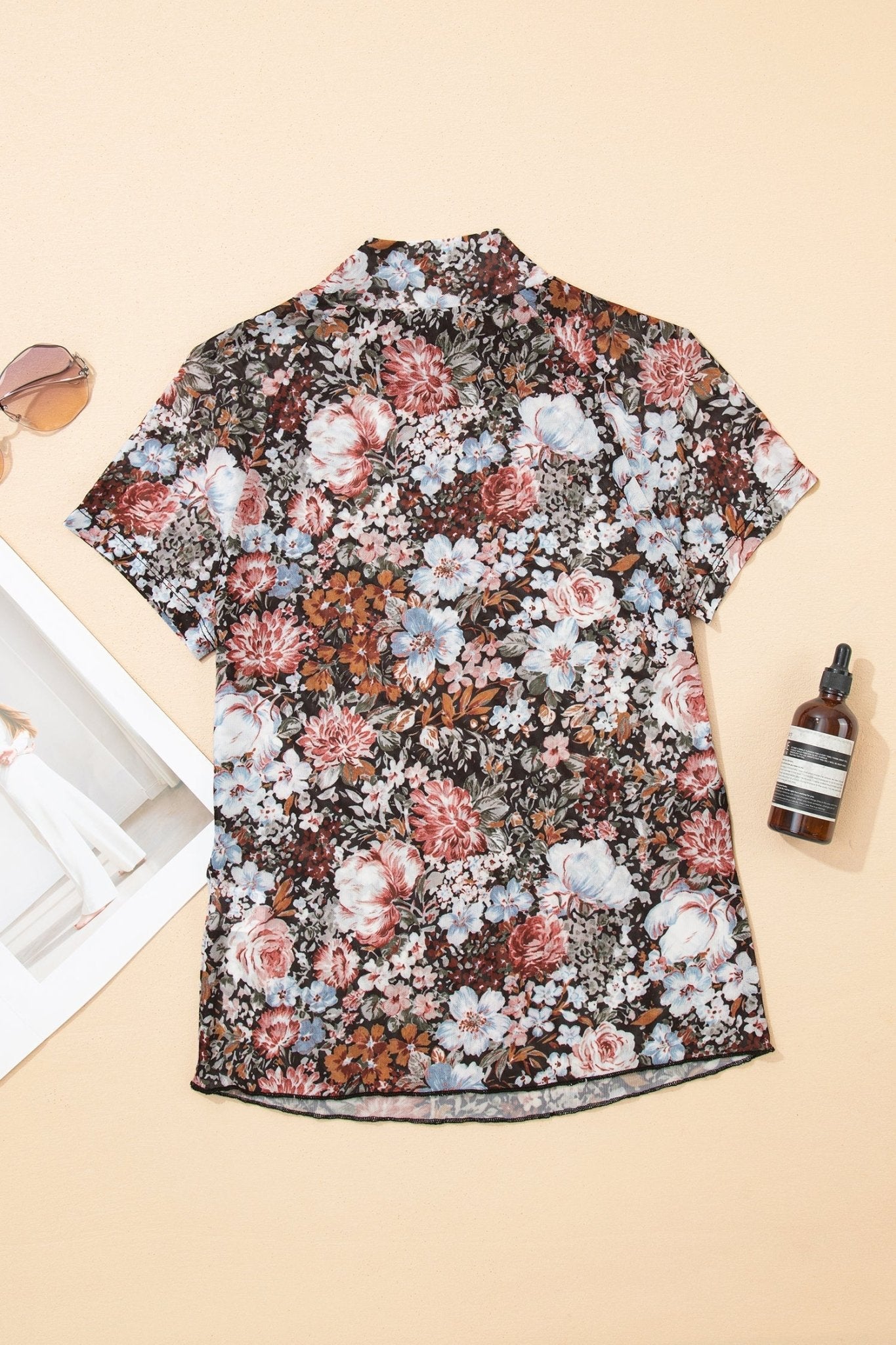 Floral Mesh Mock Neck Short Sleeve Top - Rooted & Reckless Co.