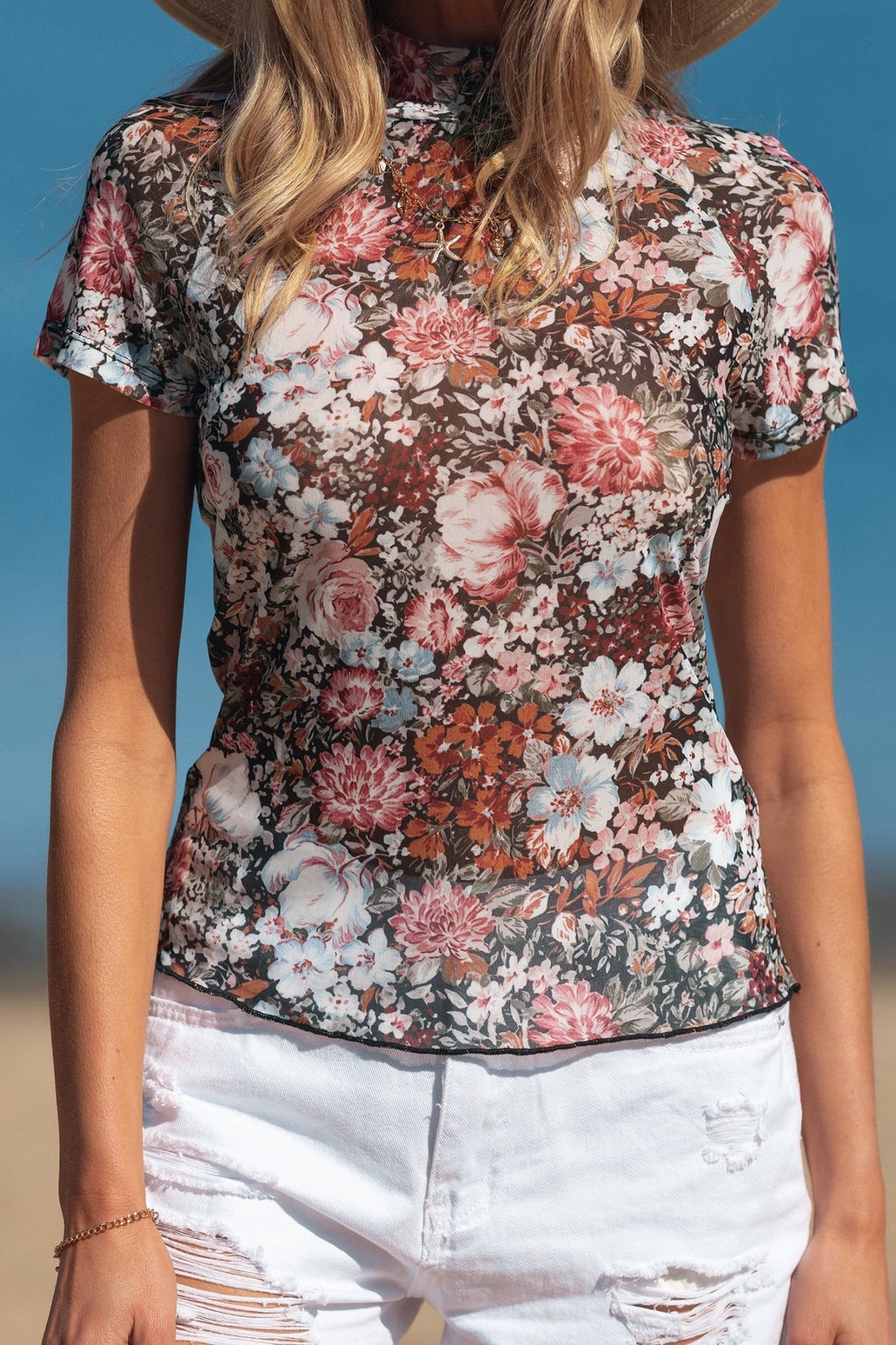 Floral Mesh Mock Neck Short Sleeve Top - Rooted & Reckless Co.