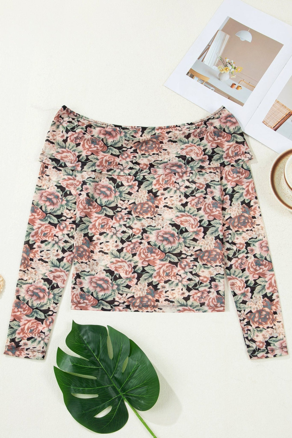 Floral Mesh Off Shoulder Long Sleeve Top - Rooted & Reckless Co.