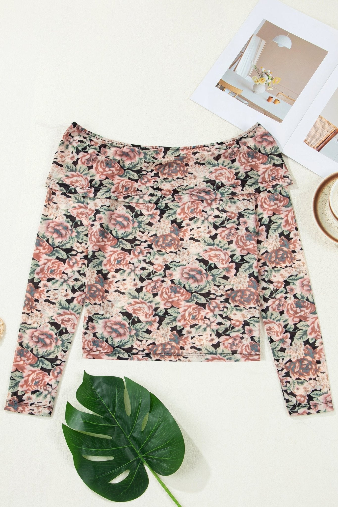 Floral Mesh Off Shoulder Long Sleeve Top - Rooted & Reckless Co.