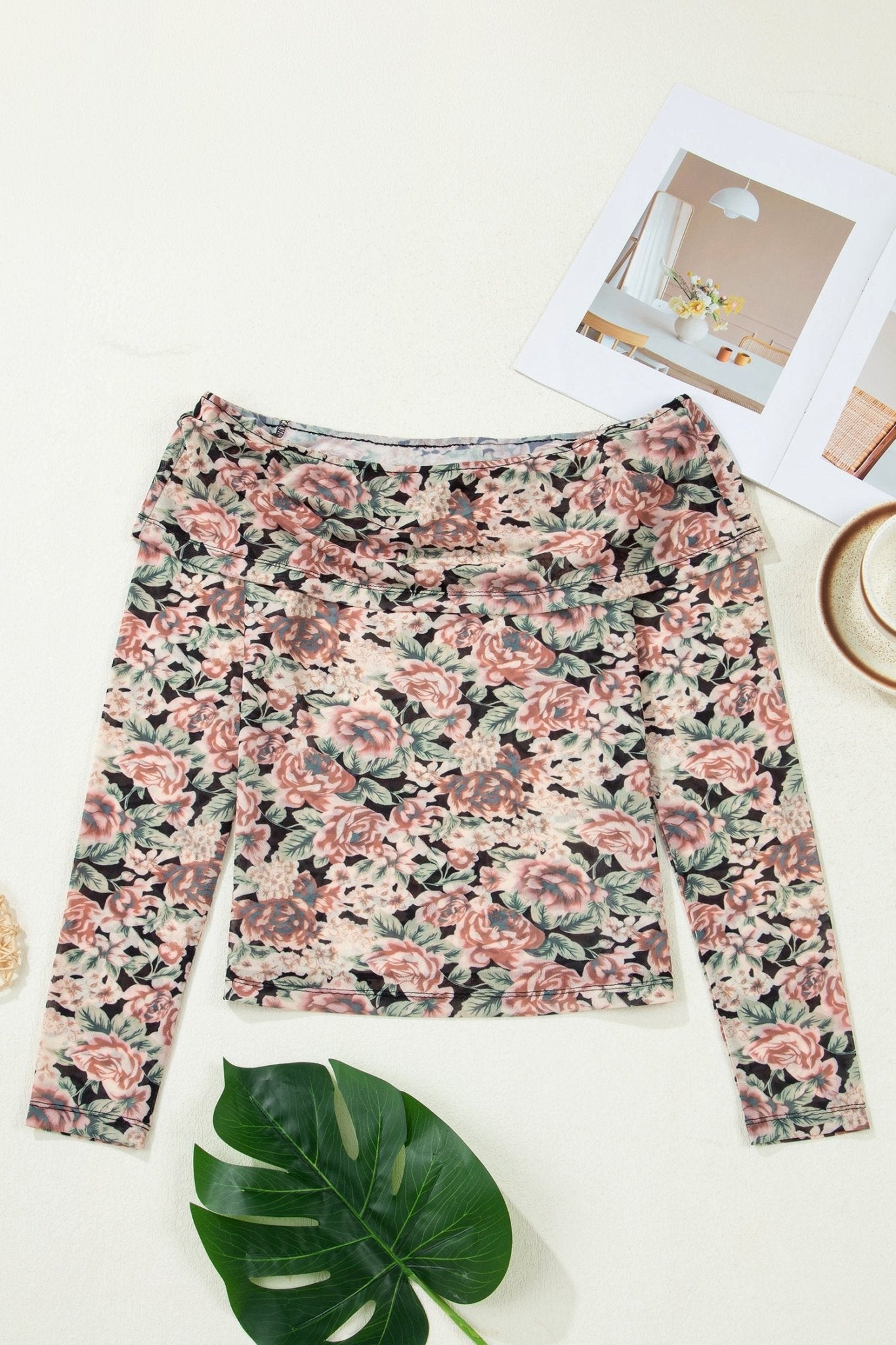 Floral Mesh Off Shoulder Long Sleeve Top - Rooted & Reckless Co.