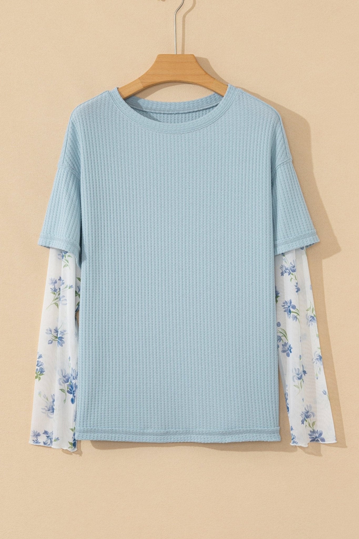 Floral Mesh Patchwork Waffle Fake Two-Piece Top - Rooted & Reckless Co.