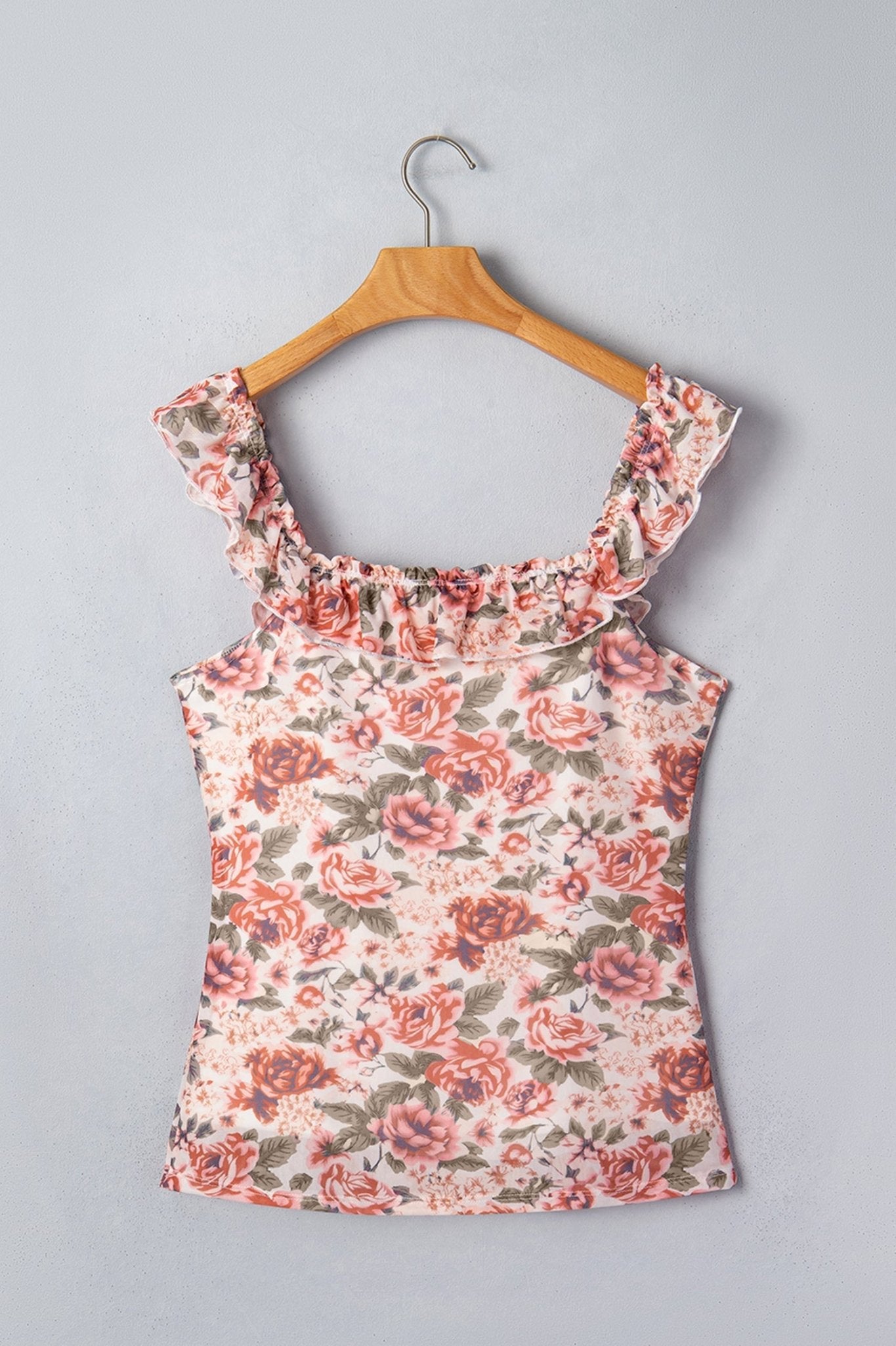 Floral Mesh Ruffle Square Neck Tank Top - Rooted & Reckless Co.
