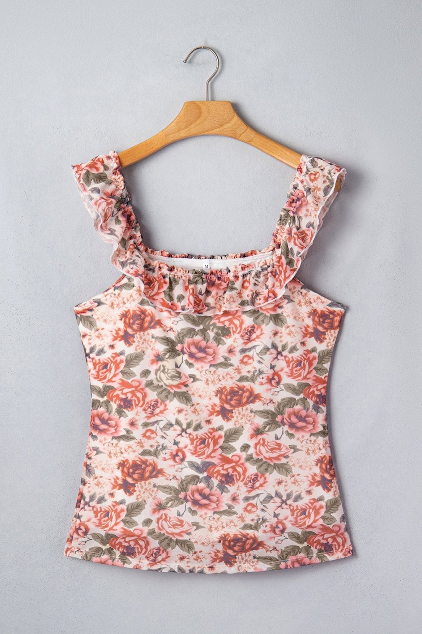 Floral Mesh Ruffle Square Neck Tank Top - Rooted & Reckless Co.
