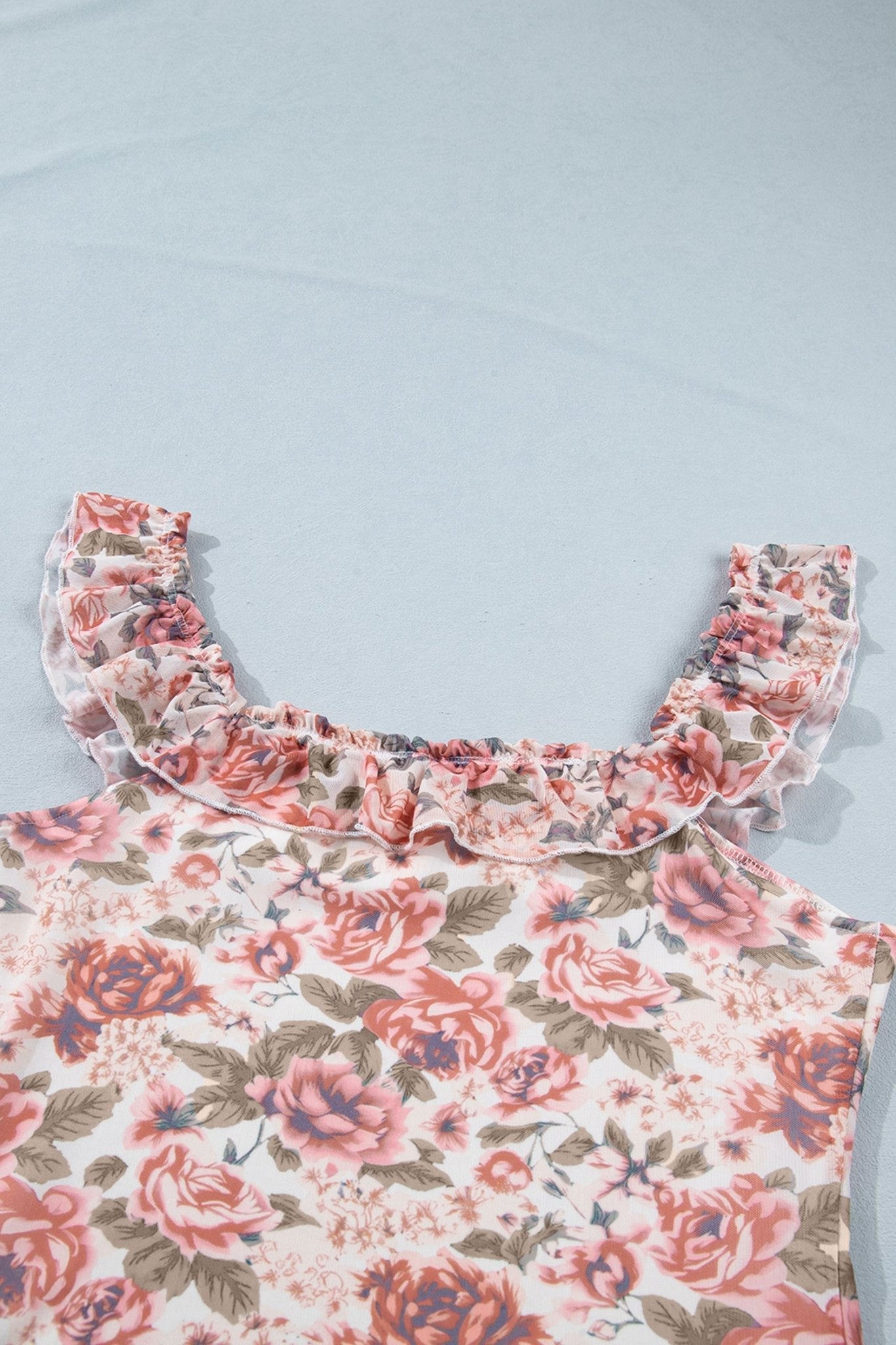 Floral Mesh Ruffle Square Neck Tank Top - Rooted & Reckless Co.